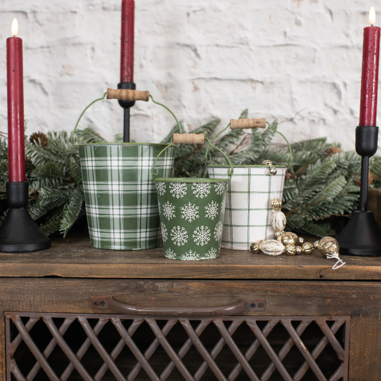 Set/3 Cream & Green Plaid Buckets