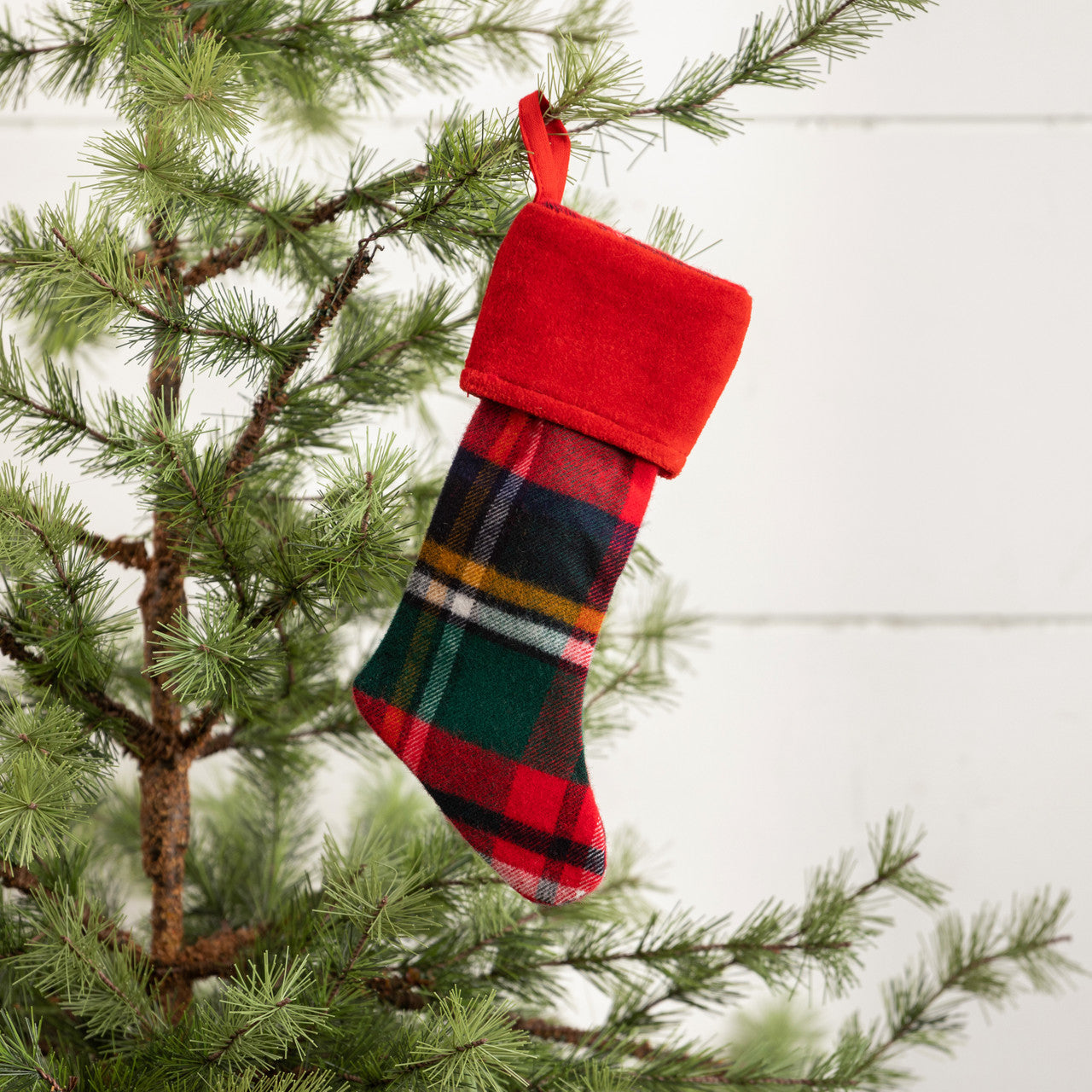 Tartan Stocking Ornament w/Red