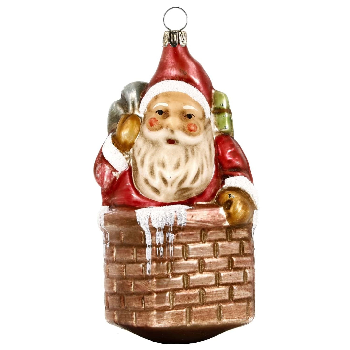 Glass Ornament Santa Claus w/Sack in Chimney