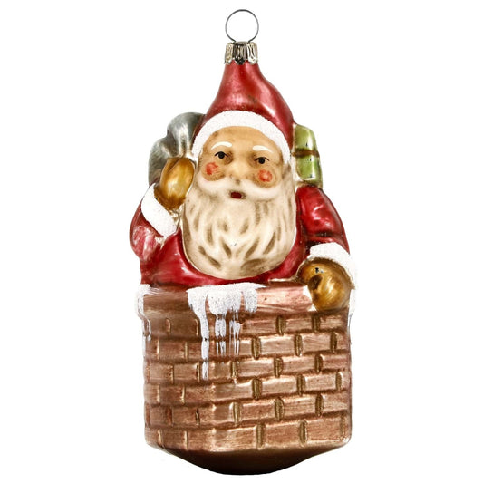 Glass Ornament Santa Claus w/Sack in Chimney