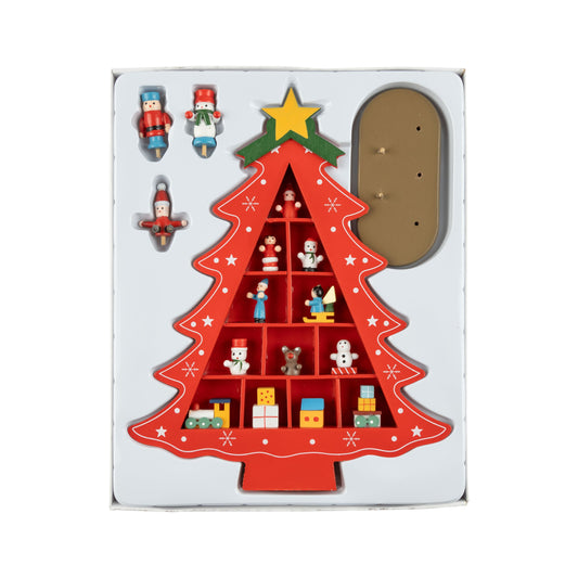 Wood Vintage Display Christmas Tree Red Set w/ Mini Ornaments