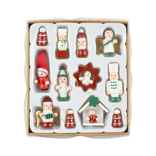 Wooden Mini Red & White Vintage Ornament Set