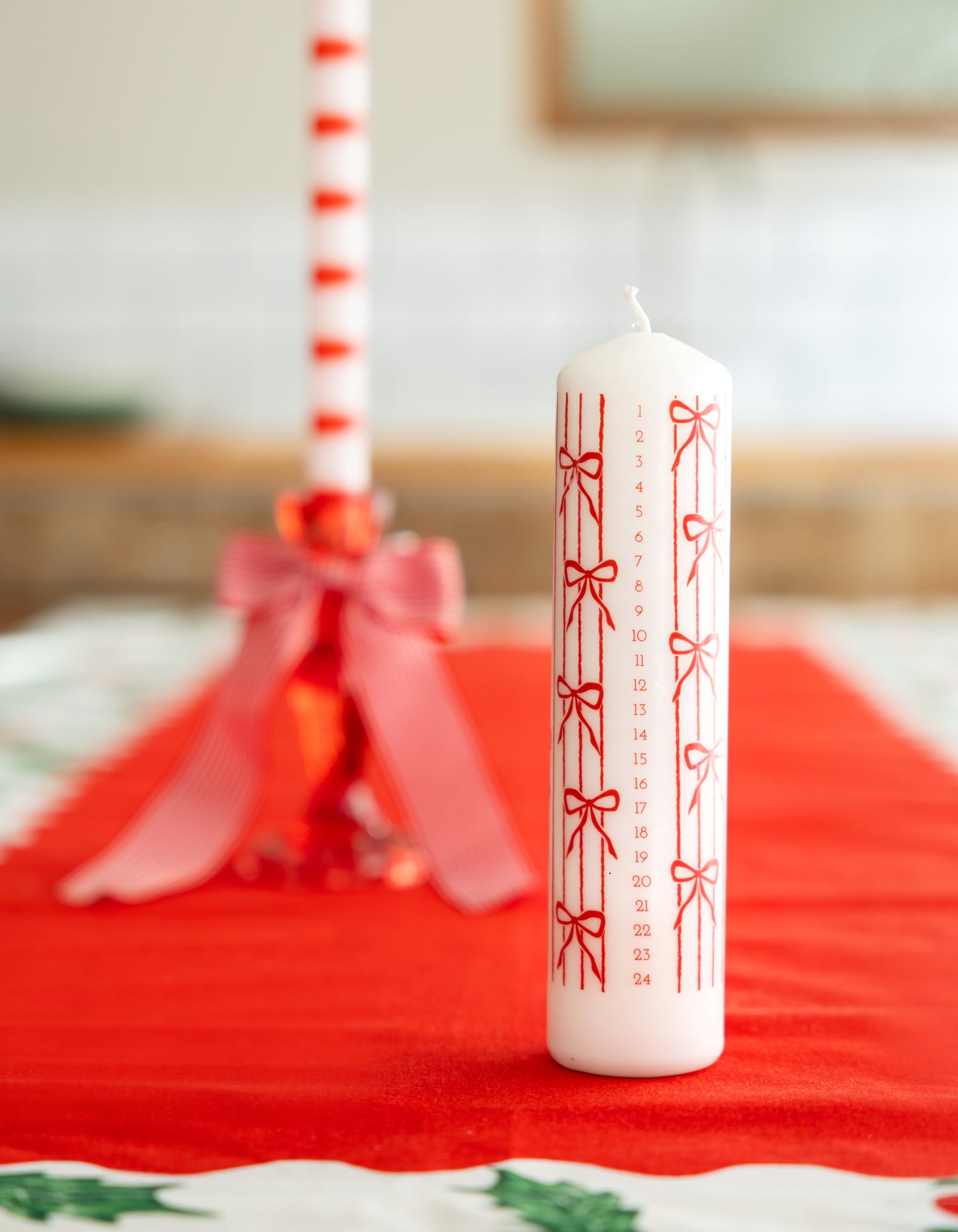 Christmas Bow Advent Pillar Candle