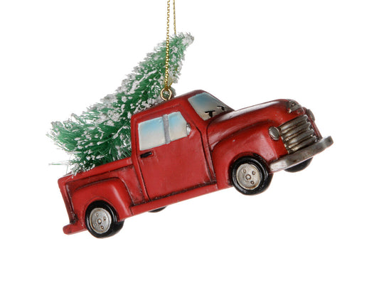 Red Pick-up Truck  w/Bottle Brush Tree Ornament
