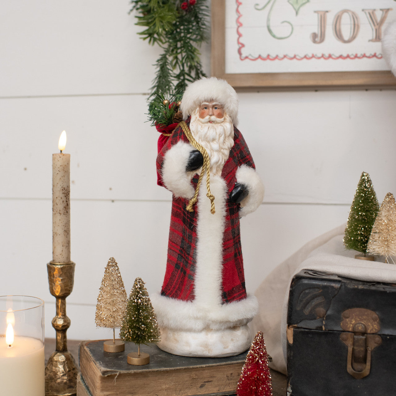 12" Red Plaid Santa w/ Greenery